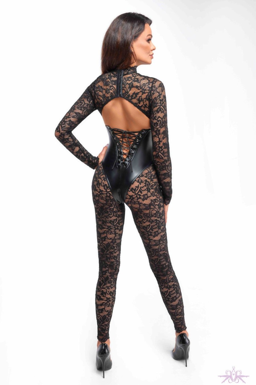 Lingerie Noir Handmade | Noir Handmade Enigma Lace Catsuit With Corset