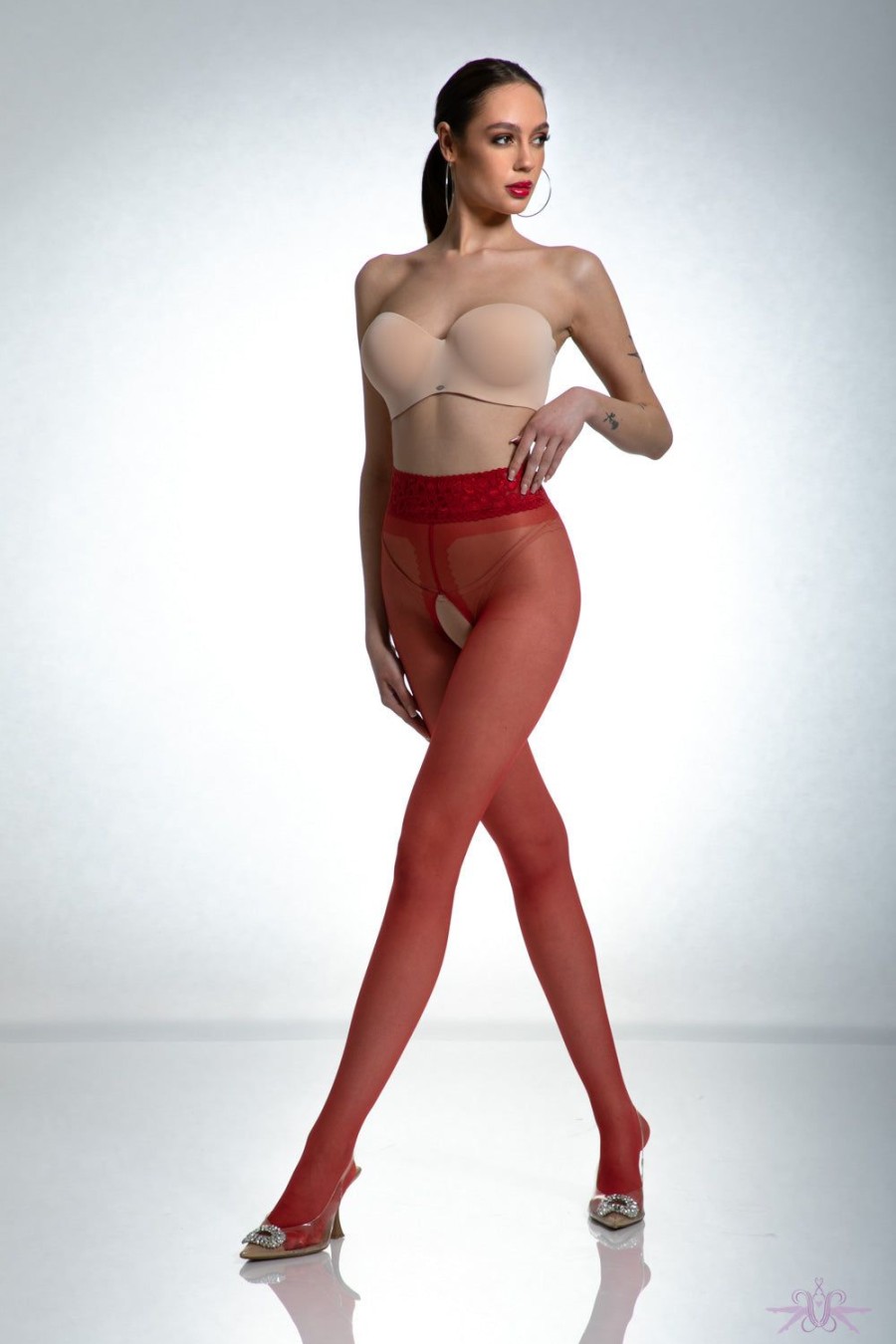 Tights Amour | Amour Red Lace Crotchless Tights